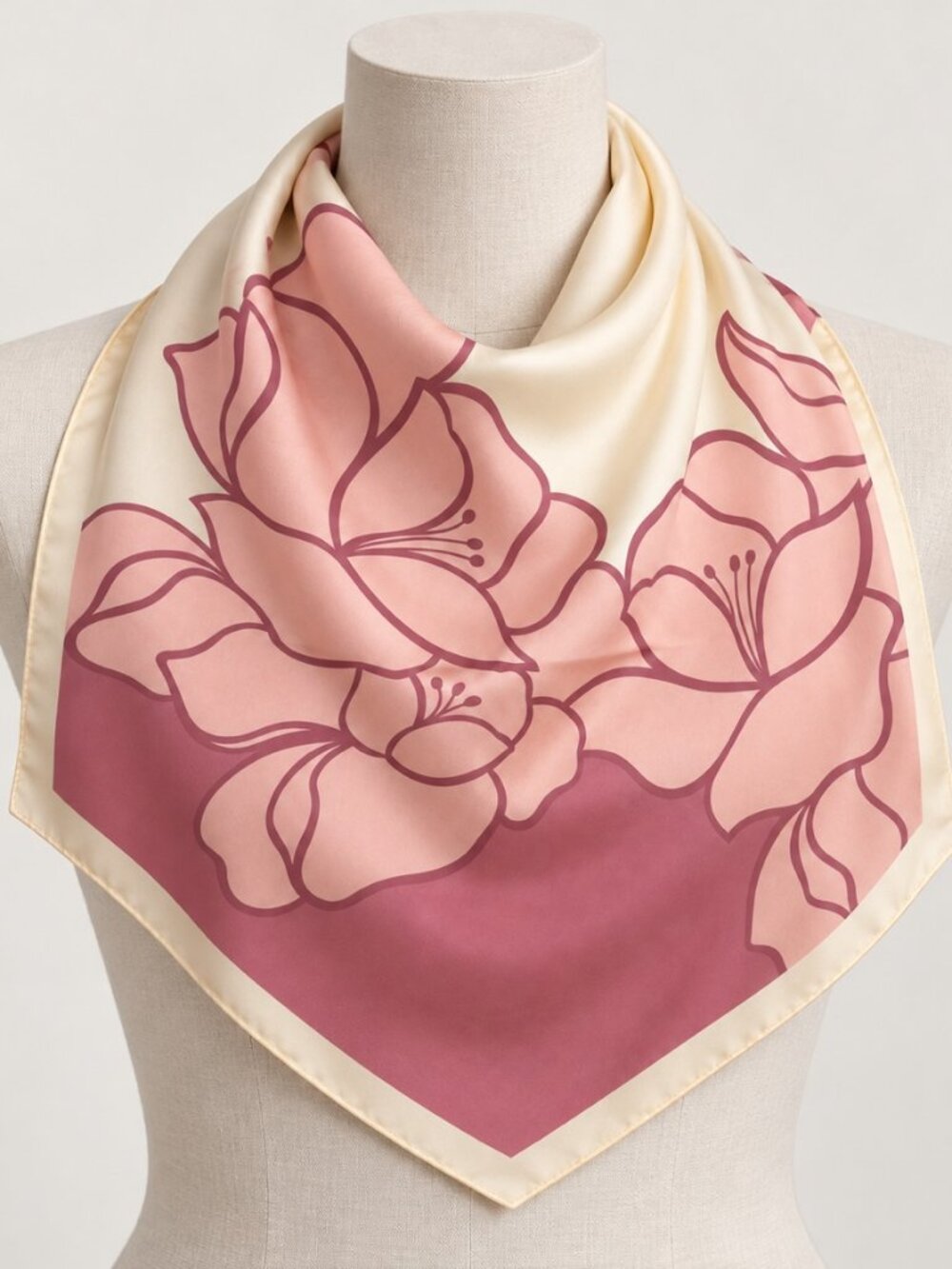Pink Floral Square Scarf – Cream & Dusty Rose Silky Feel